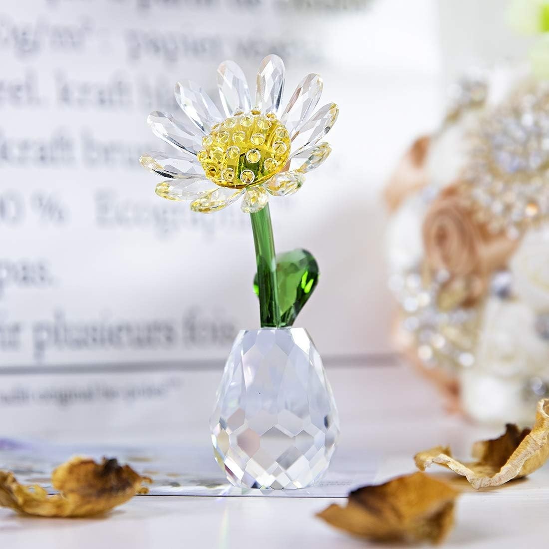 Yellow Crystal Daisy Figurine • K9 Glass Flower Ornament • Elegant Home Décor