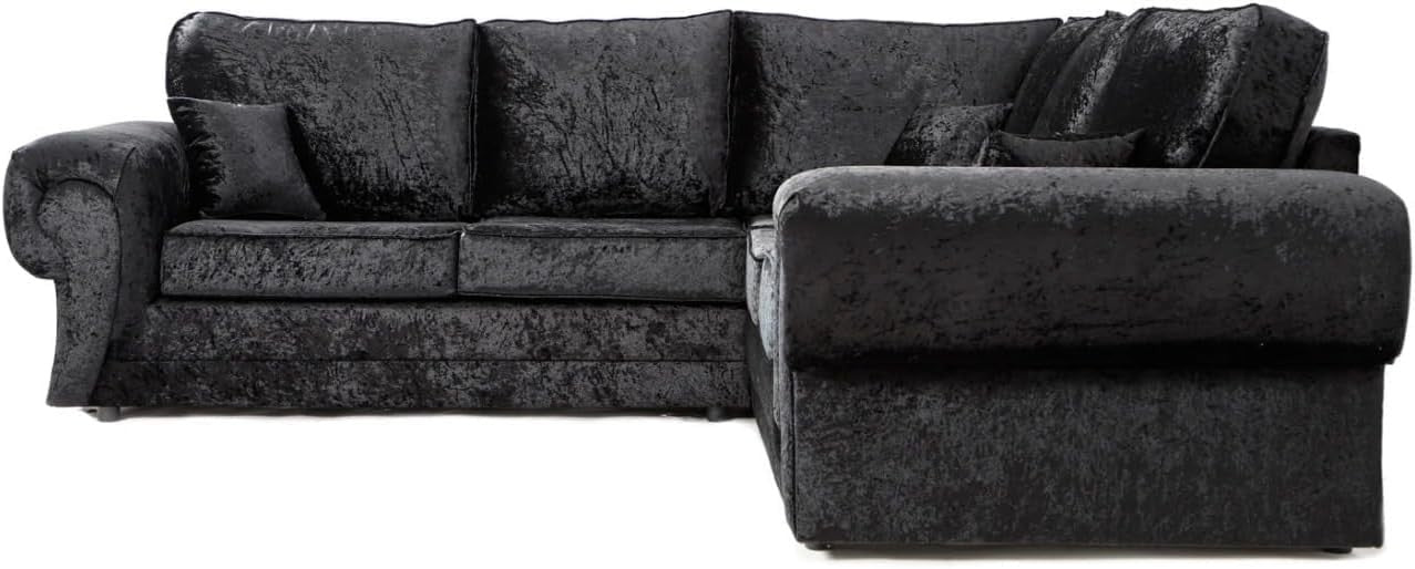5 Seater Black Crushed Velvet Corner Sofa – L Shape, High Back, Reversible Cushi