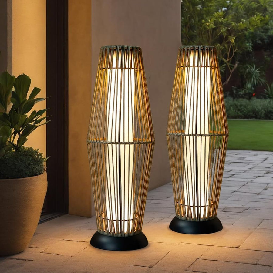2 Pack Solar Wicker Floor Lamps Outdoor Grey Rattan Lanterns 73 cm