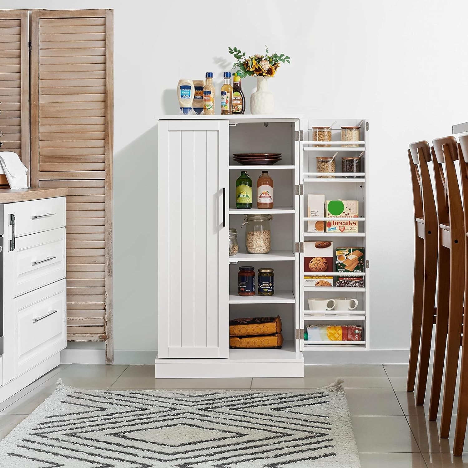White Kitchen Cupboard 6 Shelf Freestanding Wooden Pantry Storage Unit