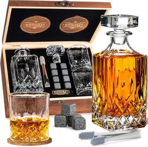 700ml Whiskey Decanter Gift Set with Glasses Stones Coasters Wooden Box