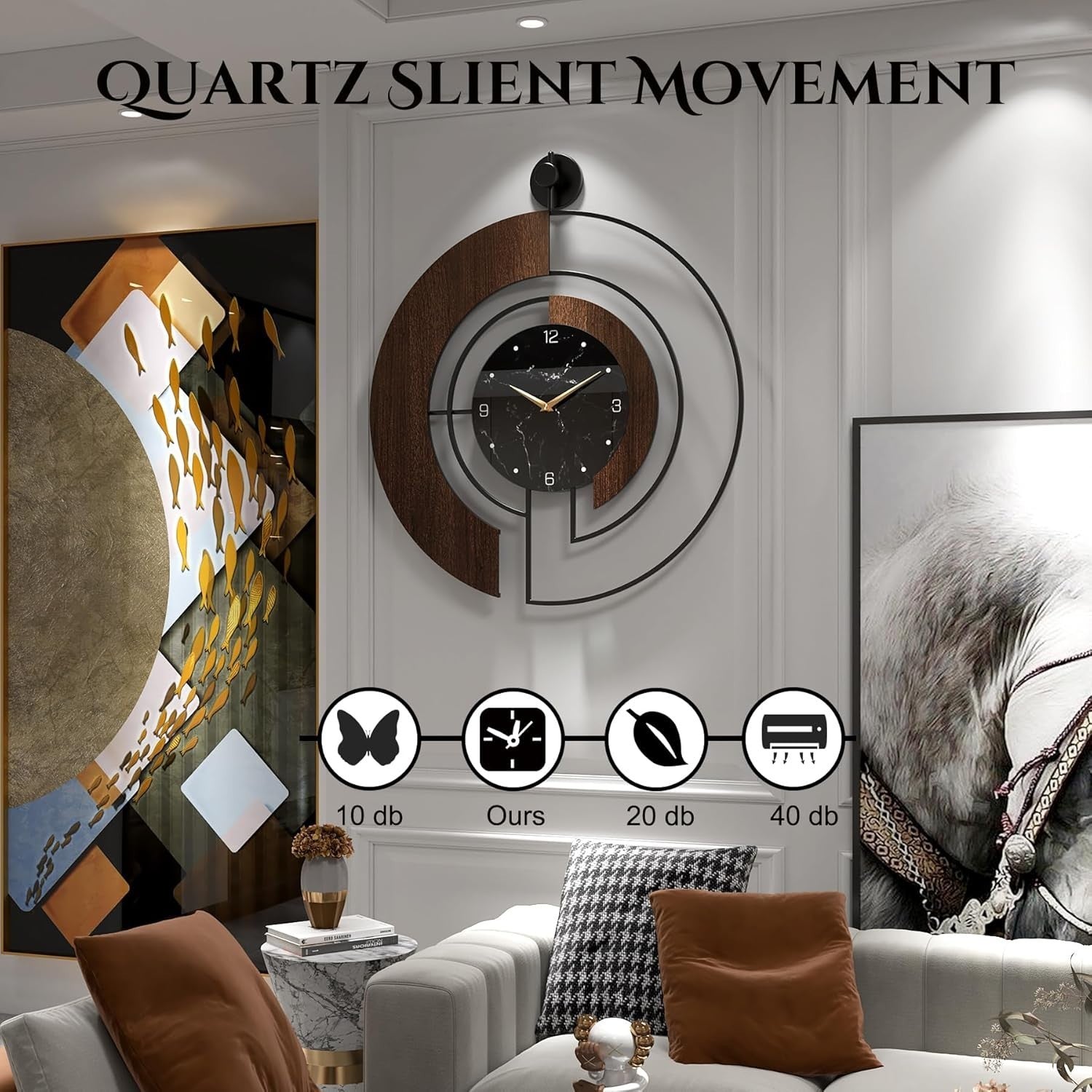Modern Walnut Marble Dial Wall Clock with Wood & Metal Frame