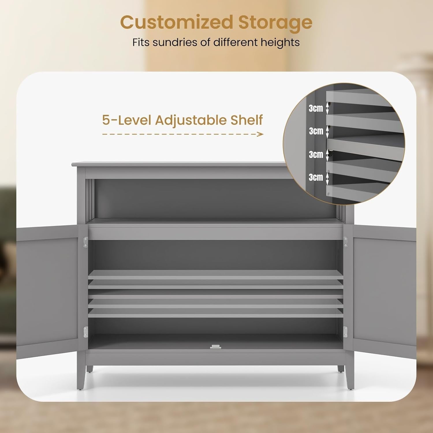 Grey Sideboard Buffet Table with Doors & Adjustable Shelf for Dining Room