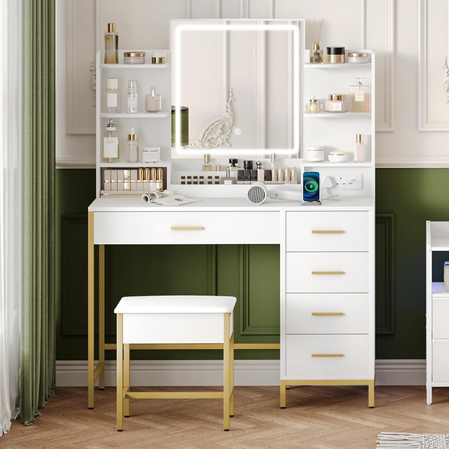 Gold Vanity Dressing Table Set Makeup Desk LED Mirror 5 Drawers Stool White