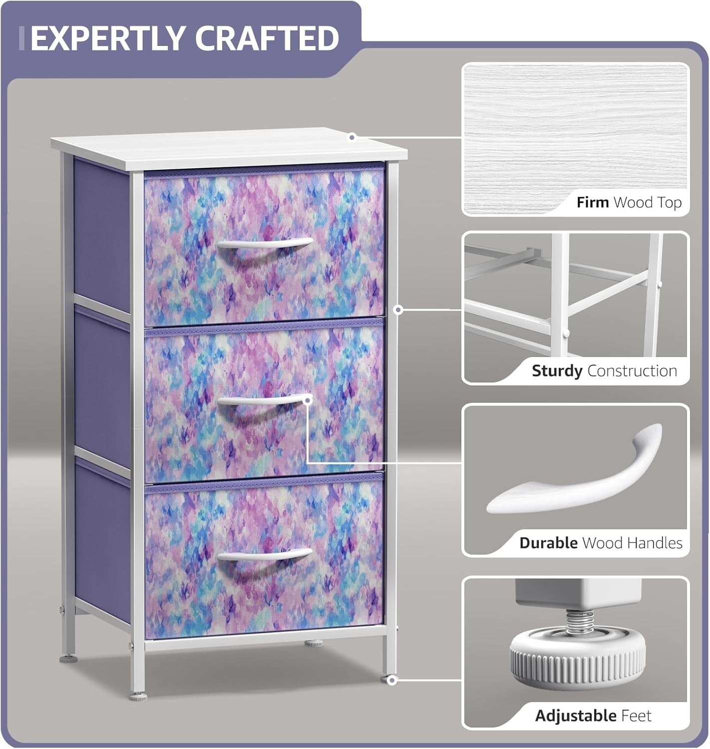 Kids 3-Drawer Storage Nightstand Fabric Dresser Chest w/ Wood Top Purple Tie-Dye