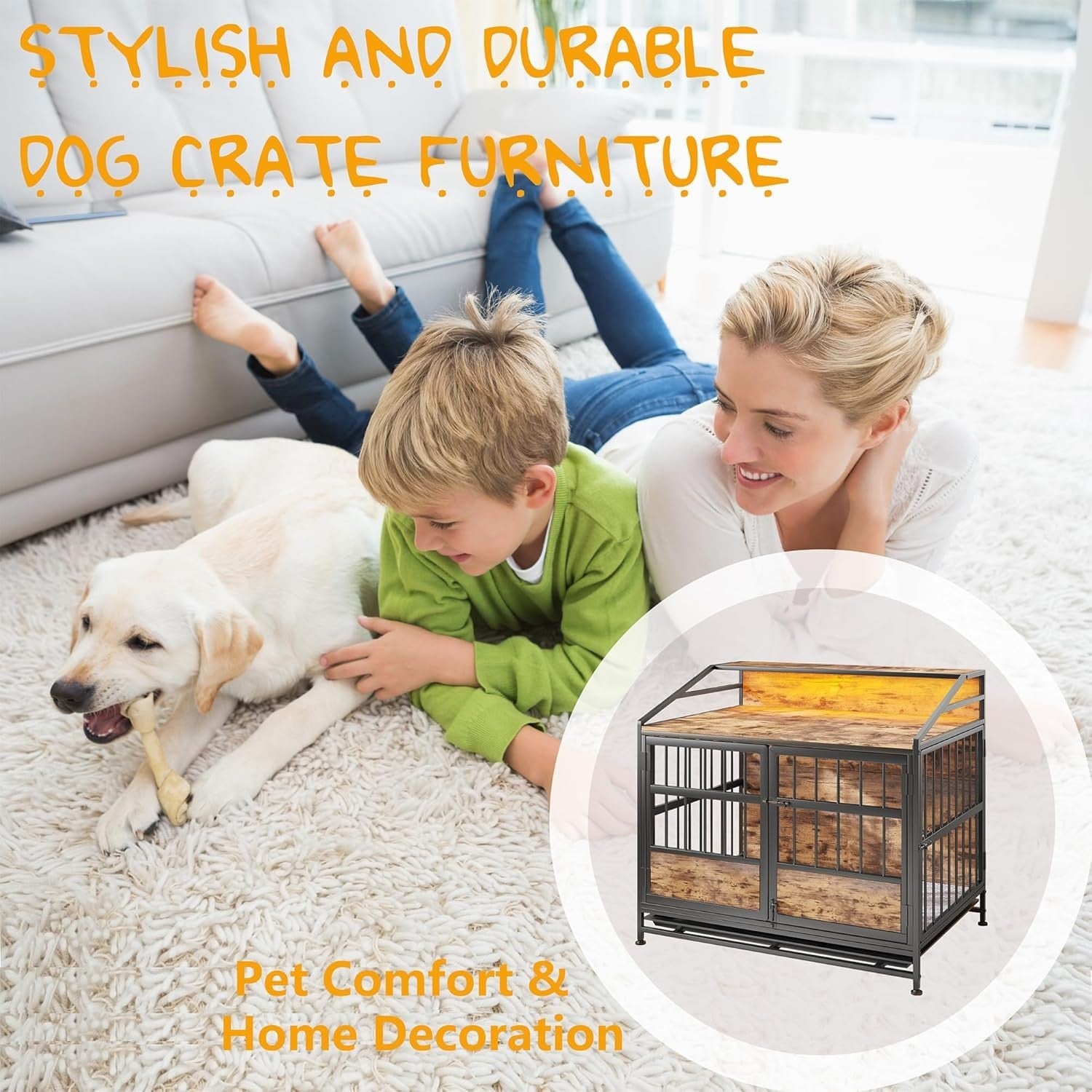 Heavy Duty Dog Crate Furniture with LED Light & Removable Tray, Medium