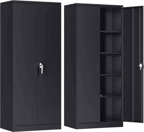 Black Metal Storage Cabinet 180cm with Lock & Adjustable Shelves – Tall Cupboard