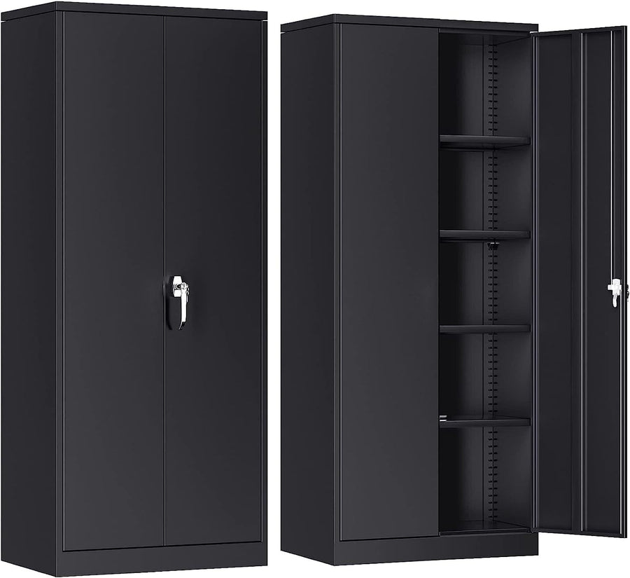 Black Metal Storage Cabinet 180cm with Lock & Adjustable Shelves – Tall Cupboard