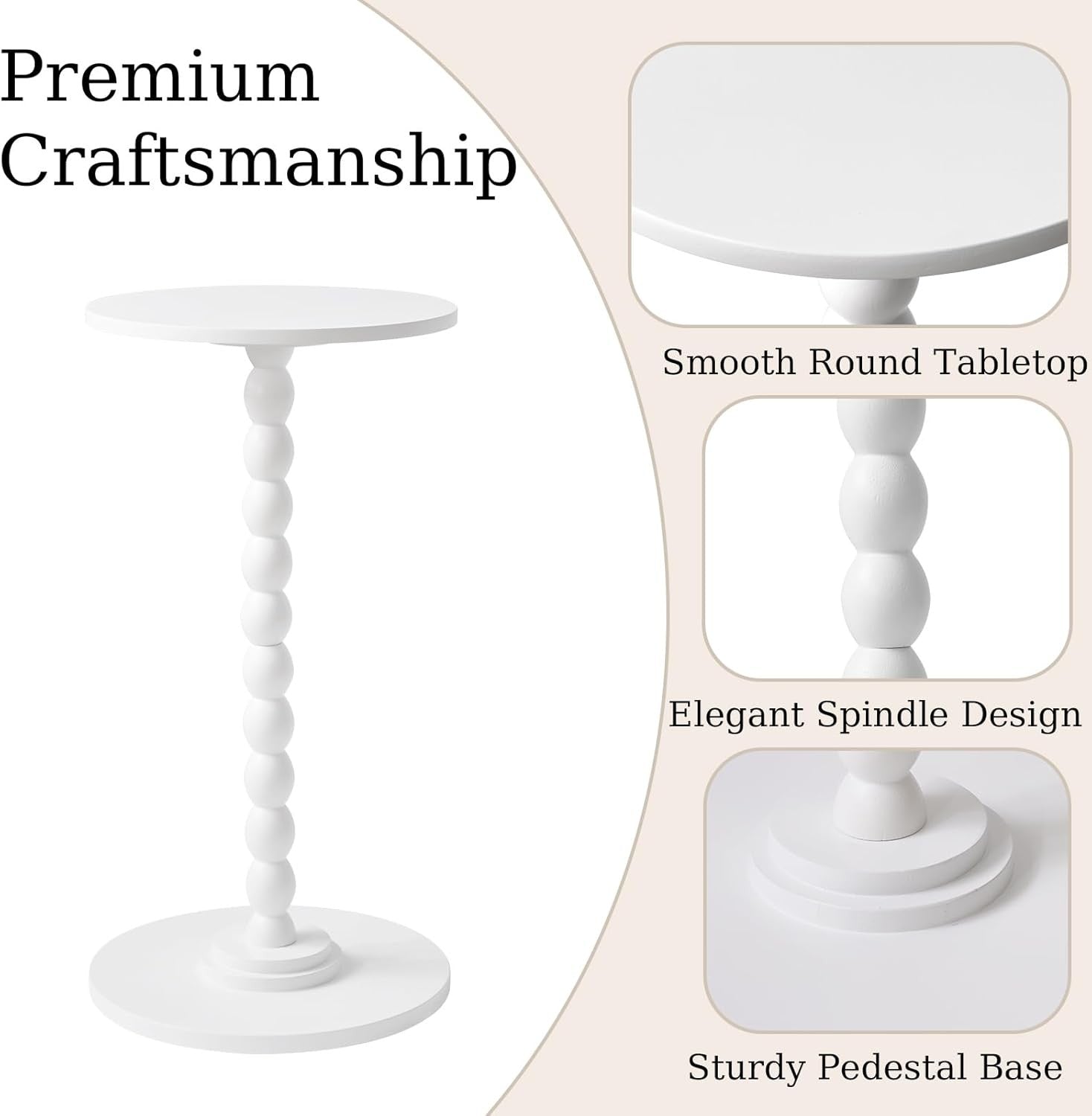 White Round Side Table – Modern Slim Accent Table with Solid Wood Leg for Small