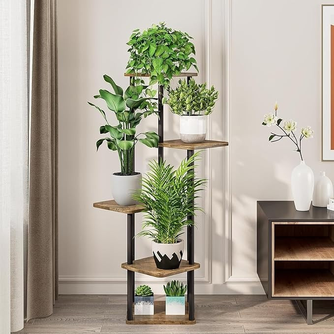 5-Tier Indoor Plant Stand, Metal Wood Display Rack for Home & Balcony