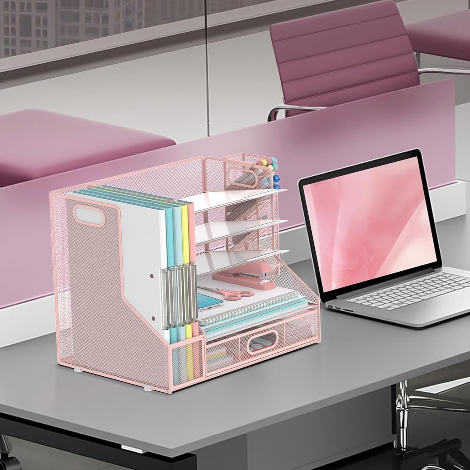 5-Tier Mesh Desk Organiser with File Holder, Pen & Drawer – Pink