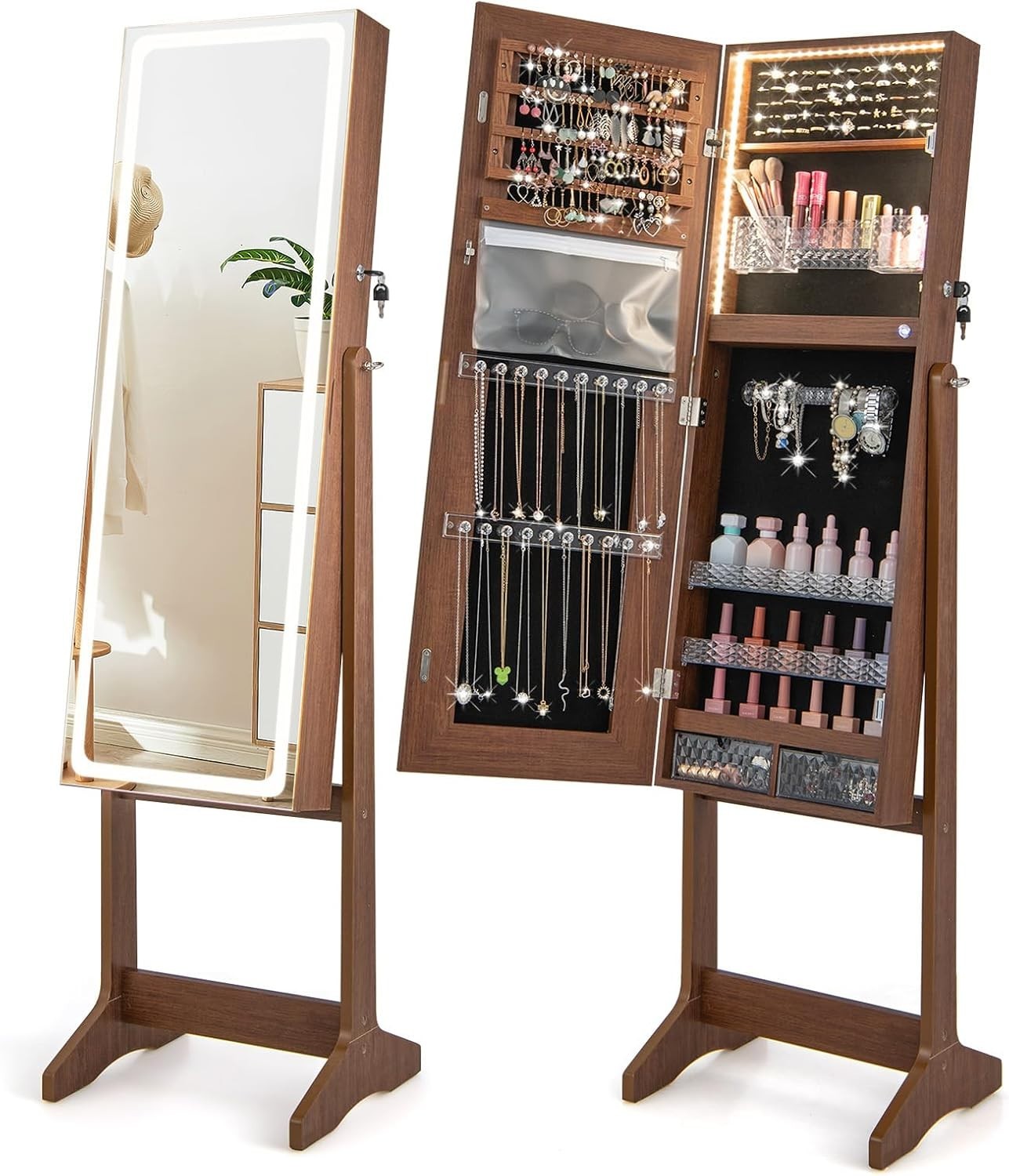 Rustic Brown LED Jewellery Cabinet Full Length Mirror Adjustable Lockable