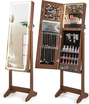 Rustic Brown LED Jewellery Cabinet Full Length Mirror Adjustable Lockable