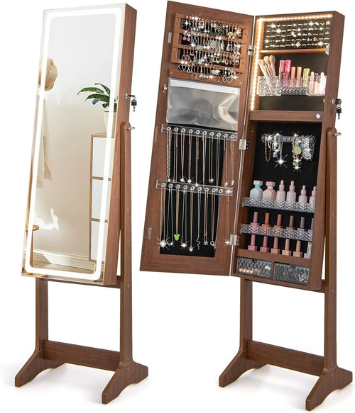 Rustic Brown LED Jewellery Cabinet Full Length Mirror Adjustable Lockable