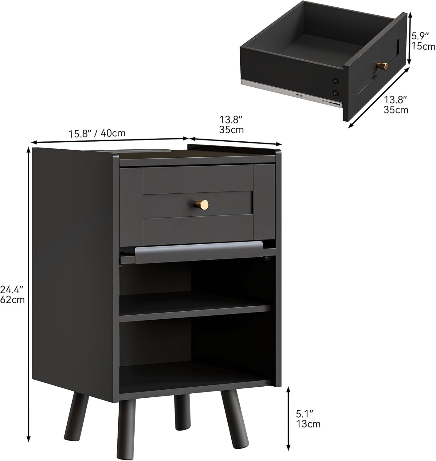 Black LED Bedside Table | Nightstand with Drawer & Adjustable Shelf 40×62cm