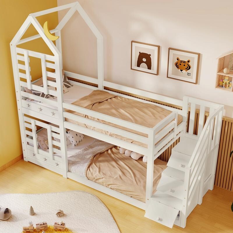 White Wooden Kids Bunk Bed with Storage Stairs Cabin Style 3FT Pine Twin Sleeper