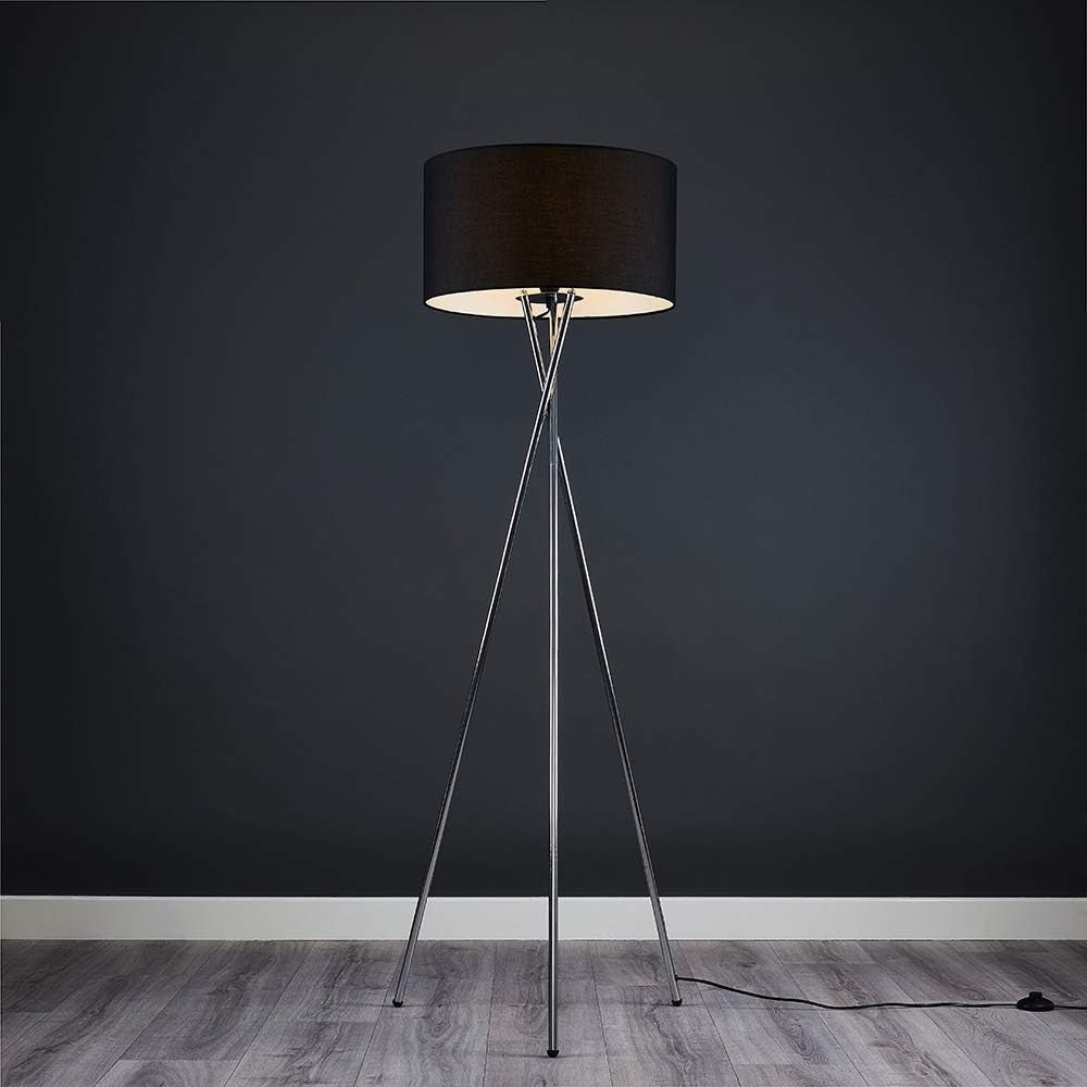 Modern Chrome Tripod Floor Lamp Black Shade Tall Living Room Bedroom Light