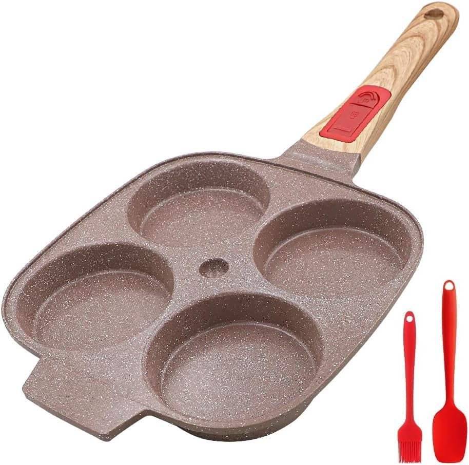 4-Cup Non-Stick Egg Pan Ceramic Pancake Skillet w/ Detachable Handle Brown