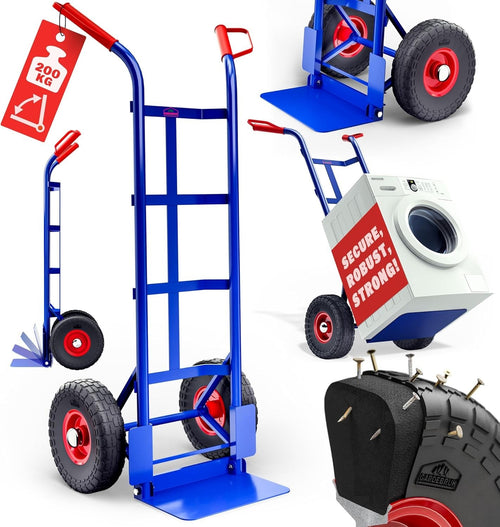 Heavy Duty 200kg Sack Truck w/ Solid PU Tyres & Foldable Shovel Blue Red