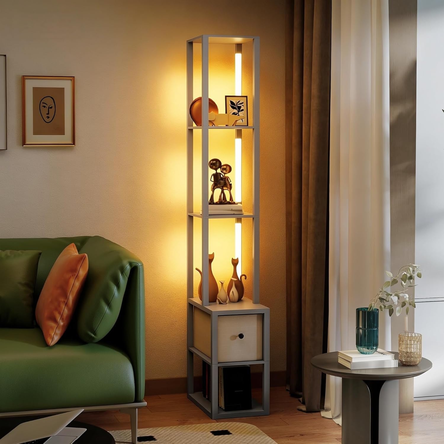 LED Floor Lamp with Shelves Storage Column Standing Lamp Adjustable Light