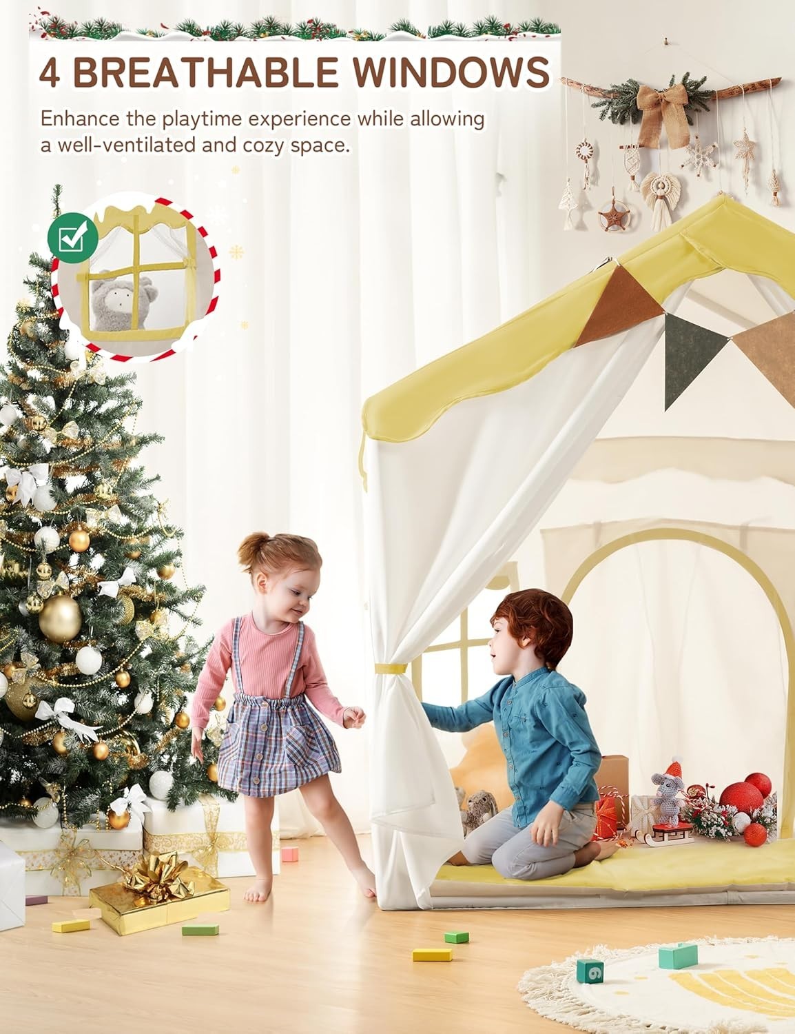 Yellow Kids Castle Tent Bed Canopy with Lights & Mat Indoor Playhouse