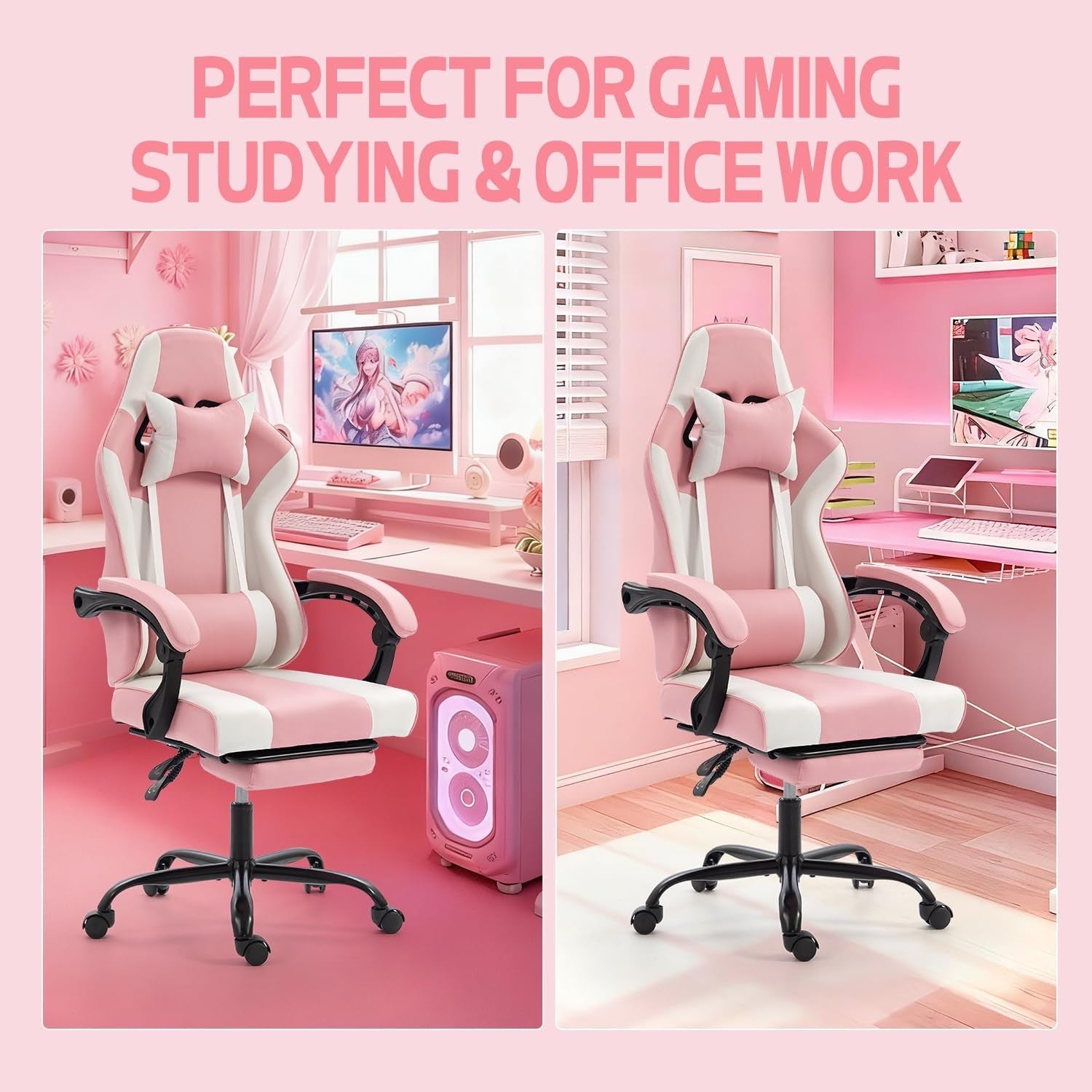 Pink Gaming Chair Recliner with Footrest High Back Swivel Desk Seat
