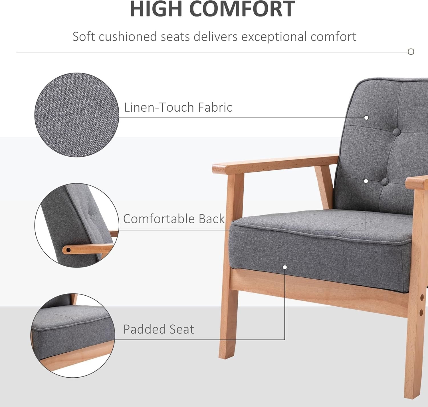 Grey Linen Armchair Wooden Frame Retro Accent Chair Lounge Seat 120kg