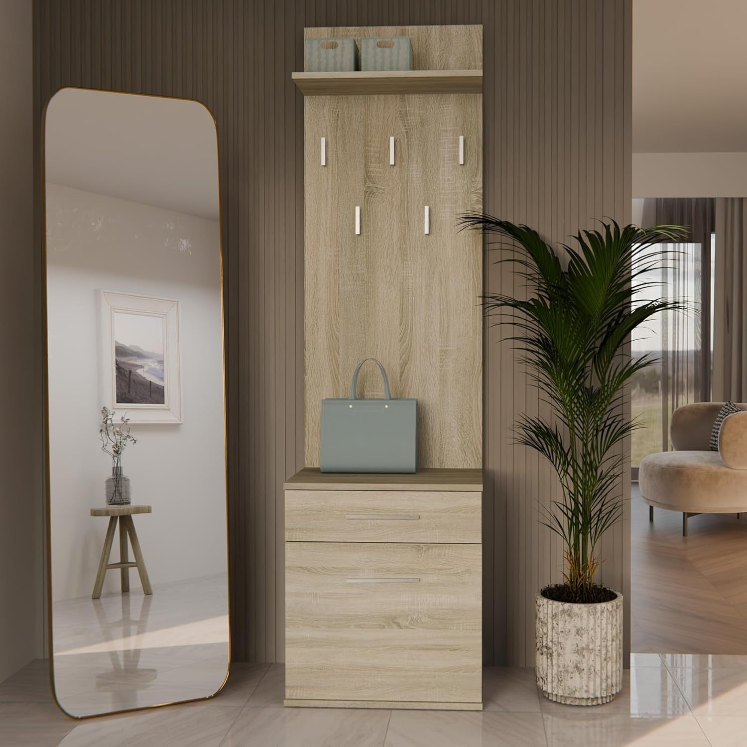 Slim Sonoma Oak Wardrobe with Hooks, Shelves & Storage | 180cm Hall Unit