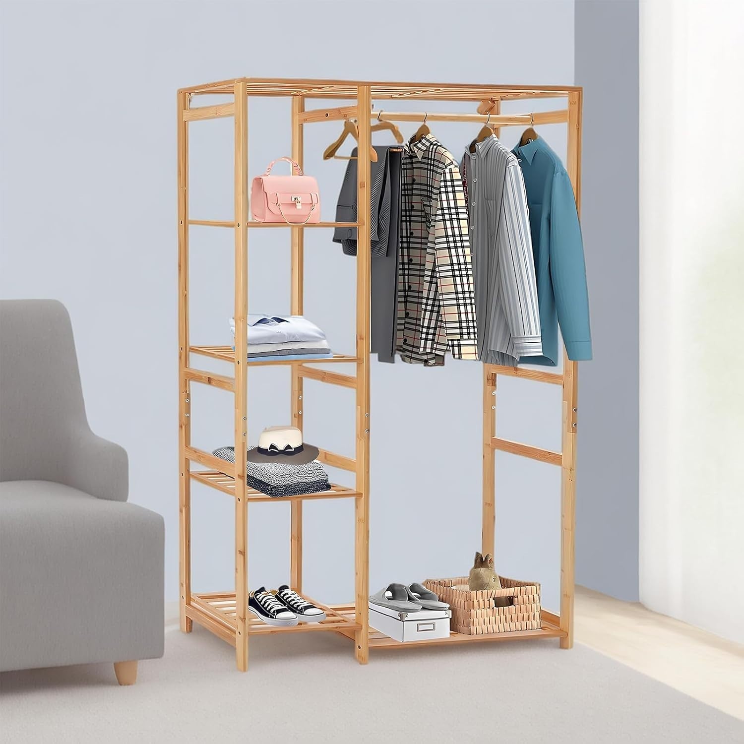 Bamboo Clothes Rail Garment Rack 4 Tier Storage Shelves Natural Wood