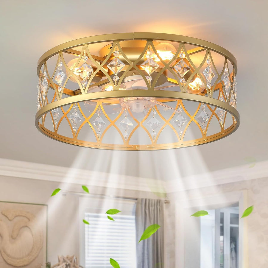 20" Caged Ceiling Fan Light, Crystal, Gold, 4 Lights, Remote