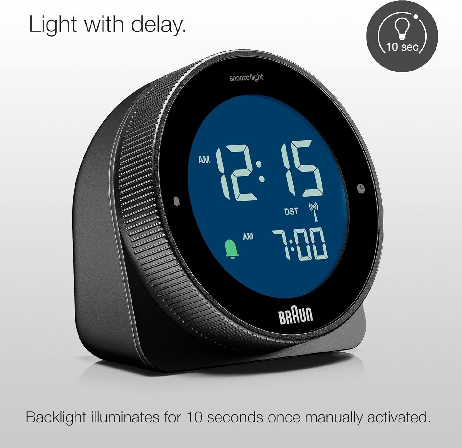 Radio Controlled Digital Alarm Clock Silent Snooze Reverse LCD Black