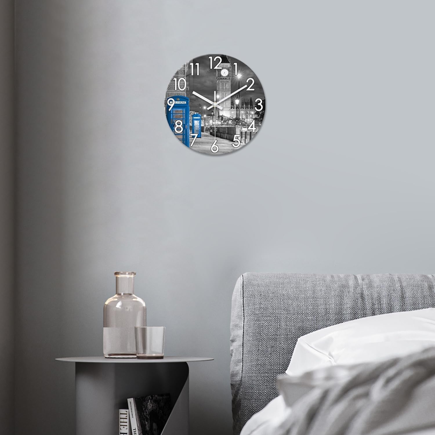 12" London Wall Clock Grey Silent Round Glass Modern Home Decor