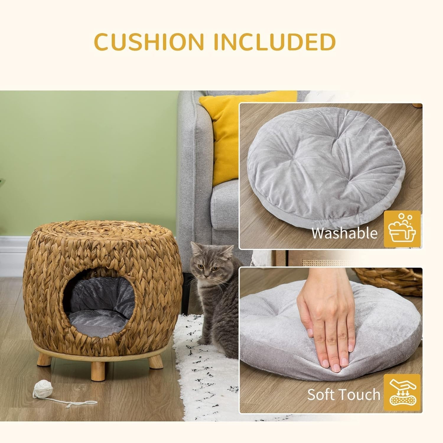 Wicker Cat House Stool Elevated Rattan Pet Bed w Washable Cushion