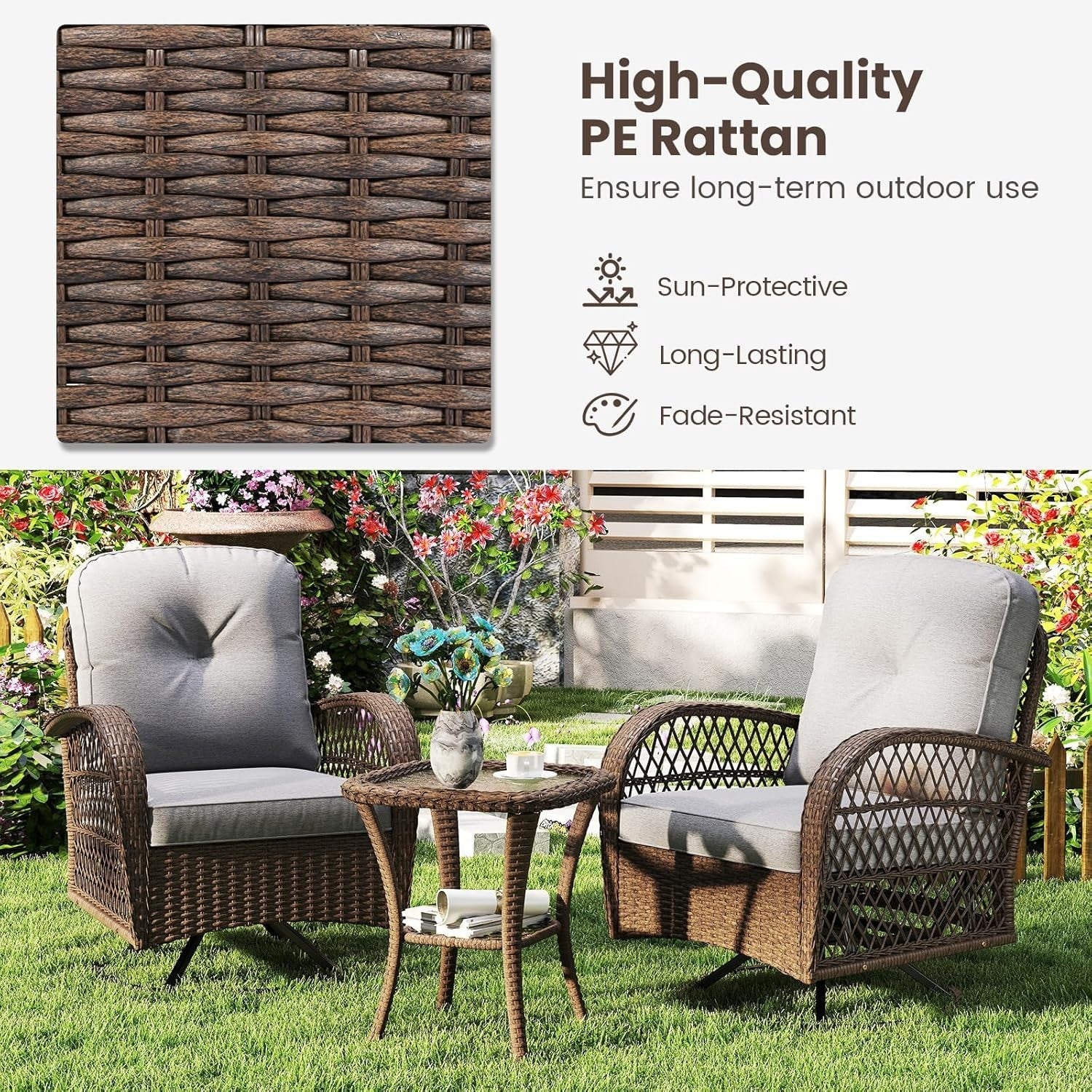 Luxury Swivel Rattan Bistro Set 360° Chairs Side Table Garden Patio