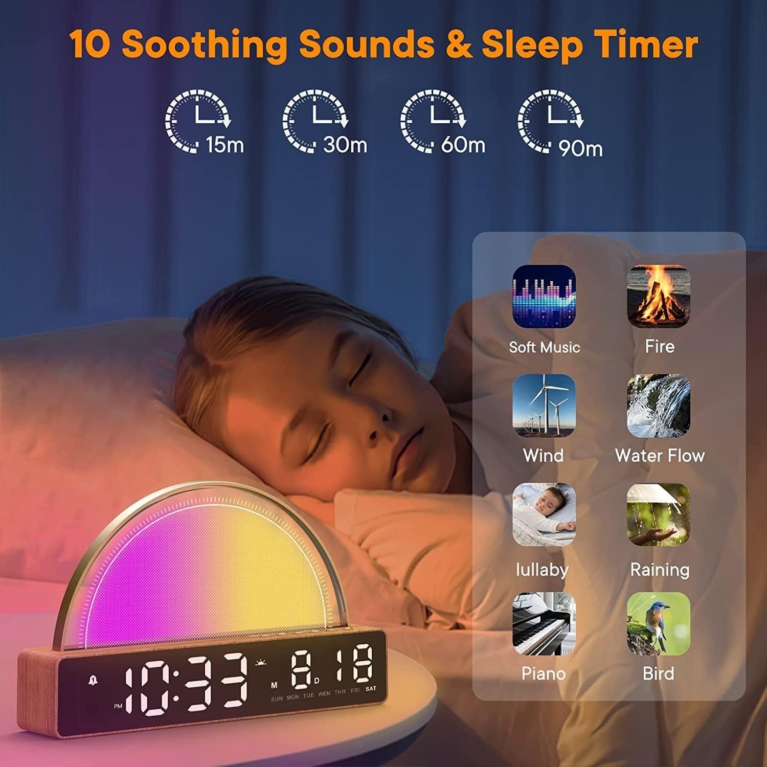 Sunrise Alarm Clock Wake Up Light White Noise Touch Dimmable Night Lamp
