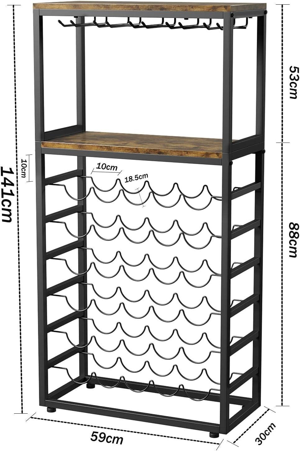 30 Bottle Wine Rack with Glass Holder & Shelves, 6-Tier Freestanding Bar