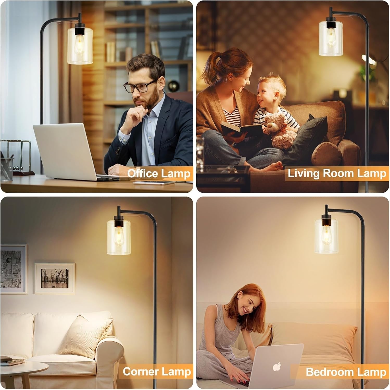 Tall Floor Lamp Industrial Black Seeded Glass E27 LED Modern Corner Light