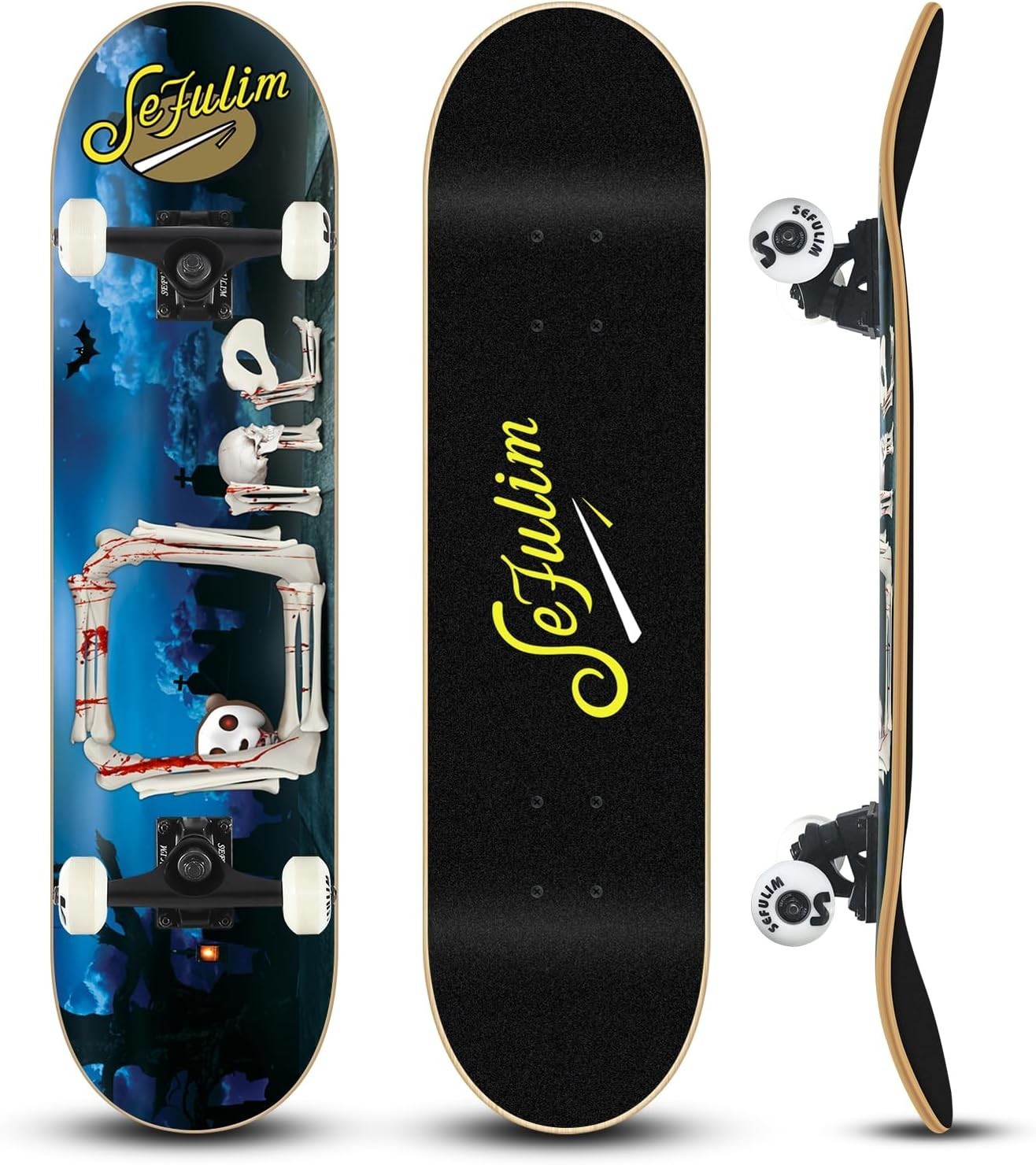 31" Complete Skateboard Maple Double Kick Trick Board Skeletal Design Teens