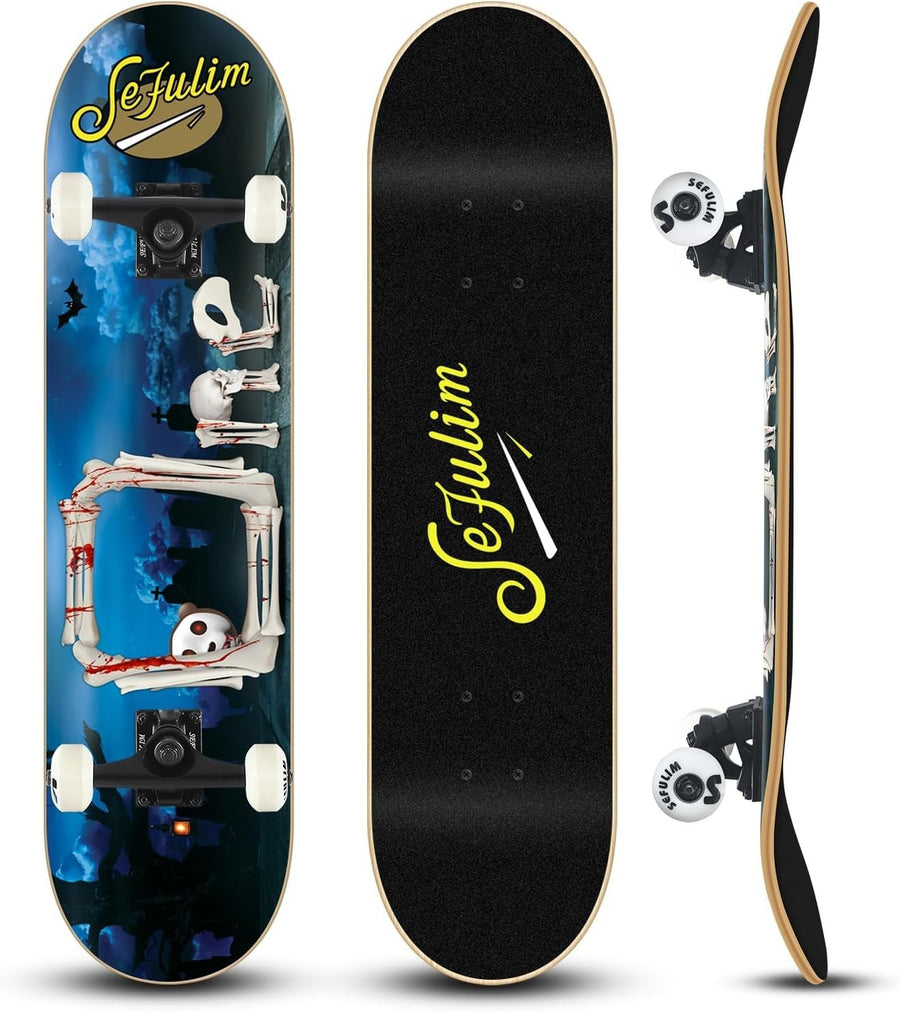 31" Complete Skateboard Maple Double Kick Trick Board Skeletal Design Teens