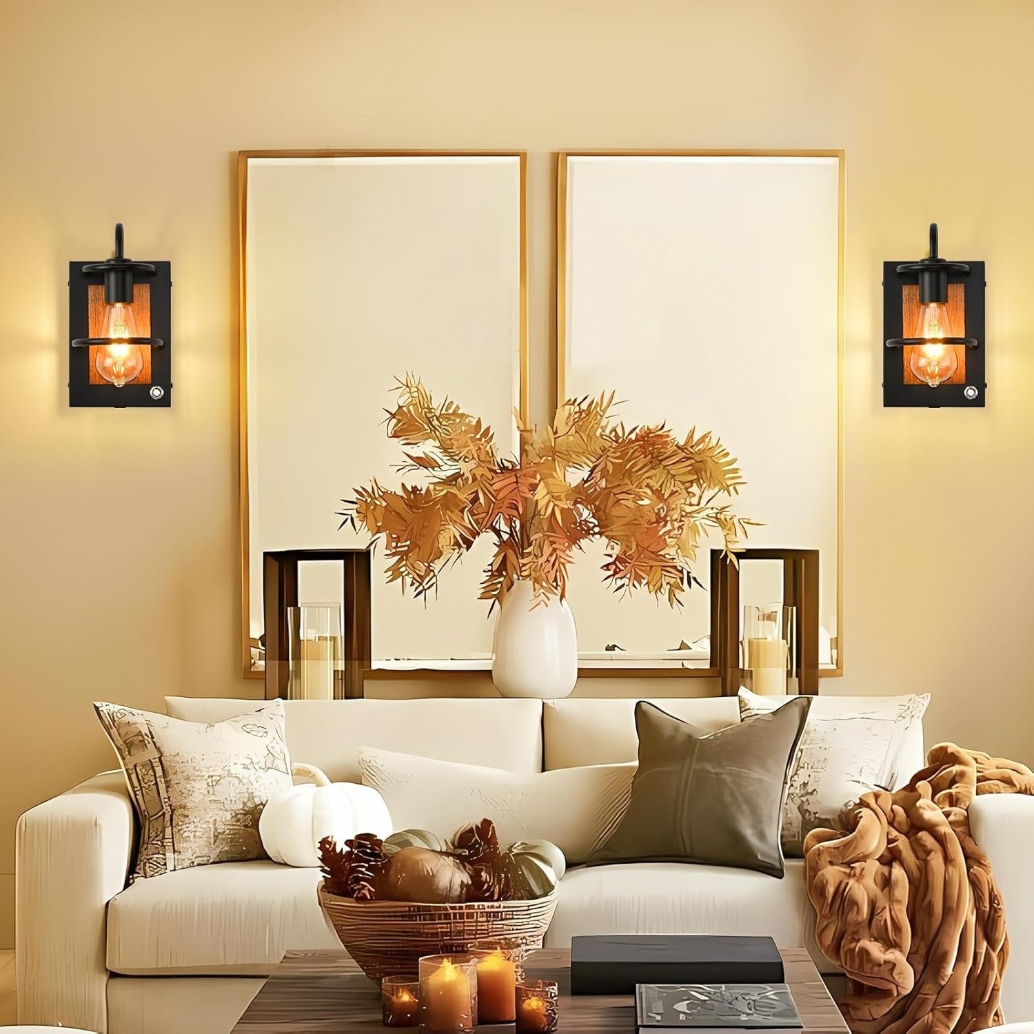 Dimmable Wireless Battery Wall Sconce Set, USB Rechargeable, Faux Wood Lamp