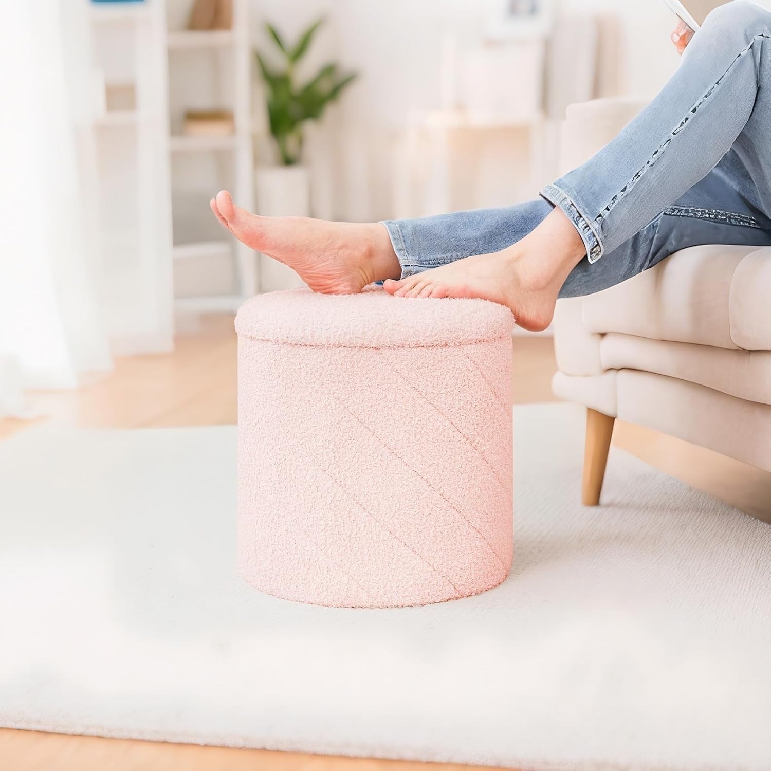 Pink Boucle Round Storage Ottoman Stool Folding Footrest Vanity Seat