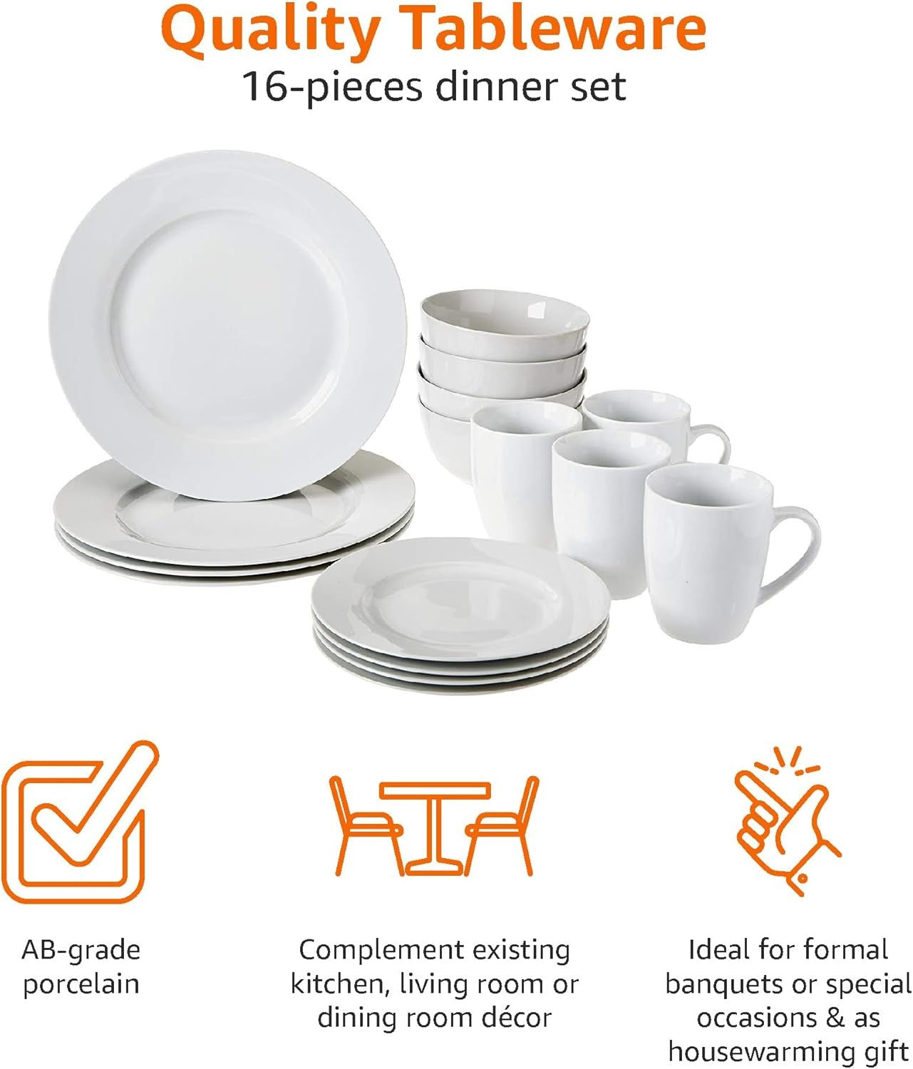 16pc Porcelain Dinnerware Set Plates Bowls Mugs Microwave Dishwasher Safe