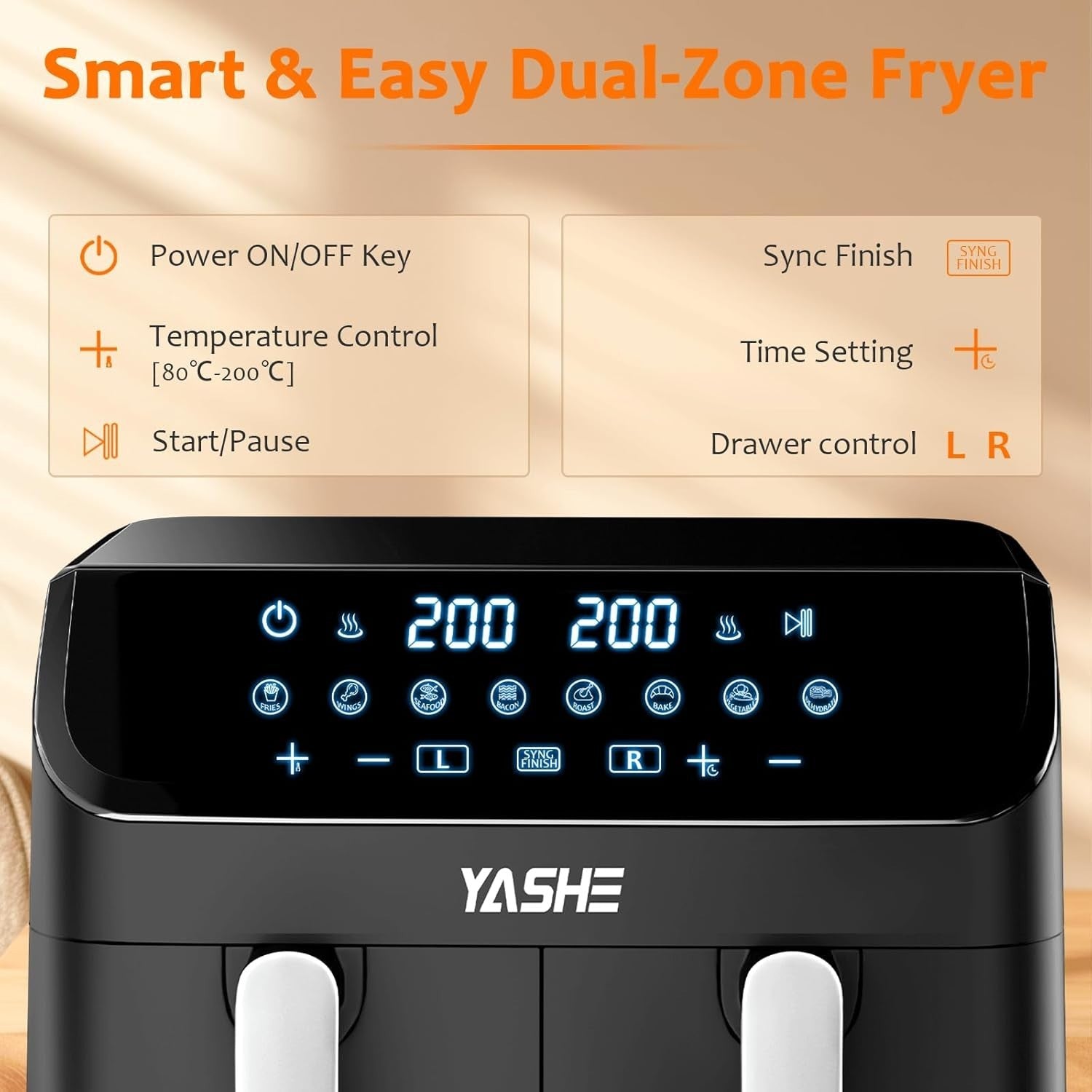 9L Dual Air Fryer 2x4.5L Sync Finish 8 Presets Touch 720° Air Oil Free