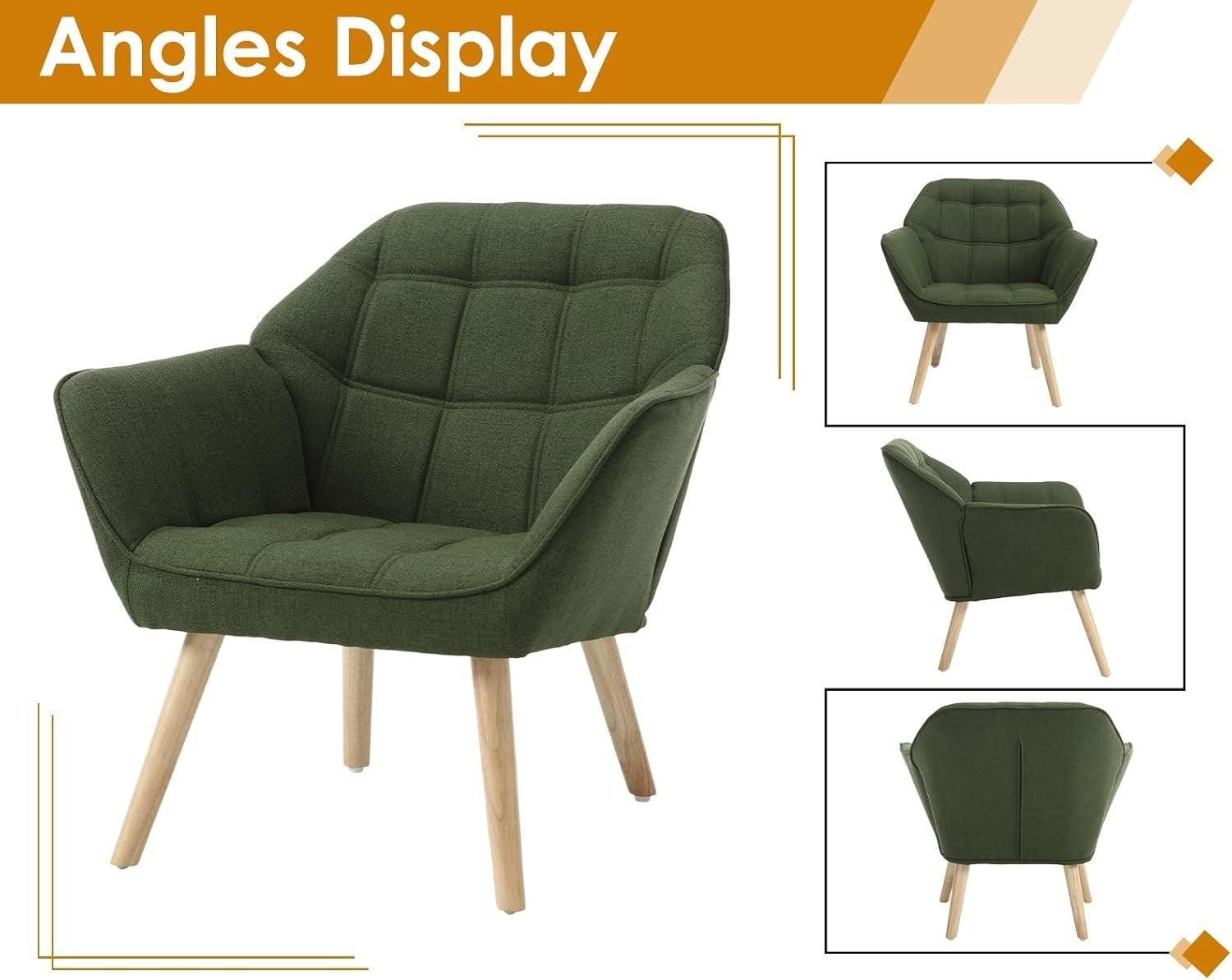 2x Green Linen Accent Armchairs Wing Back Wood Legs for Living Room Sofa