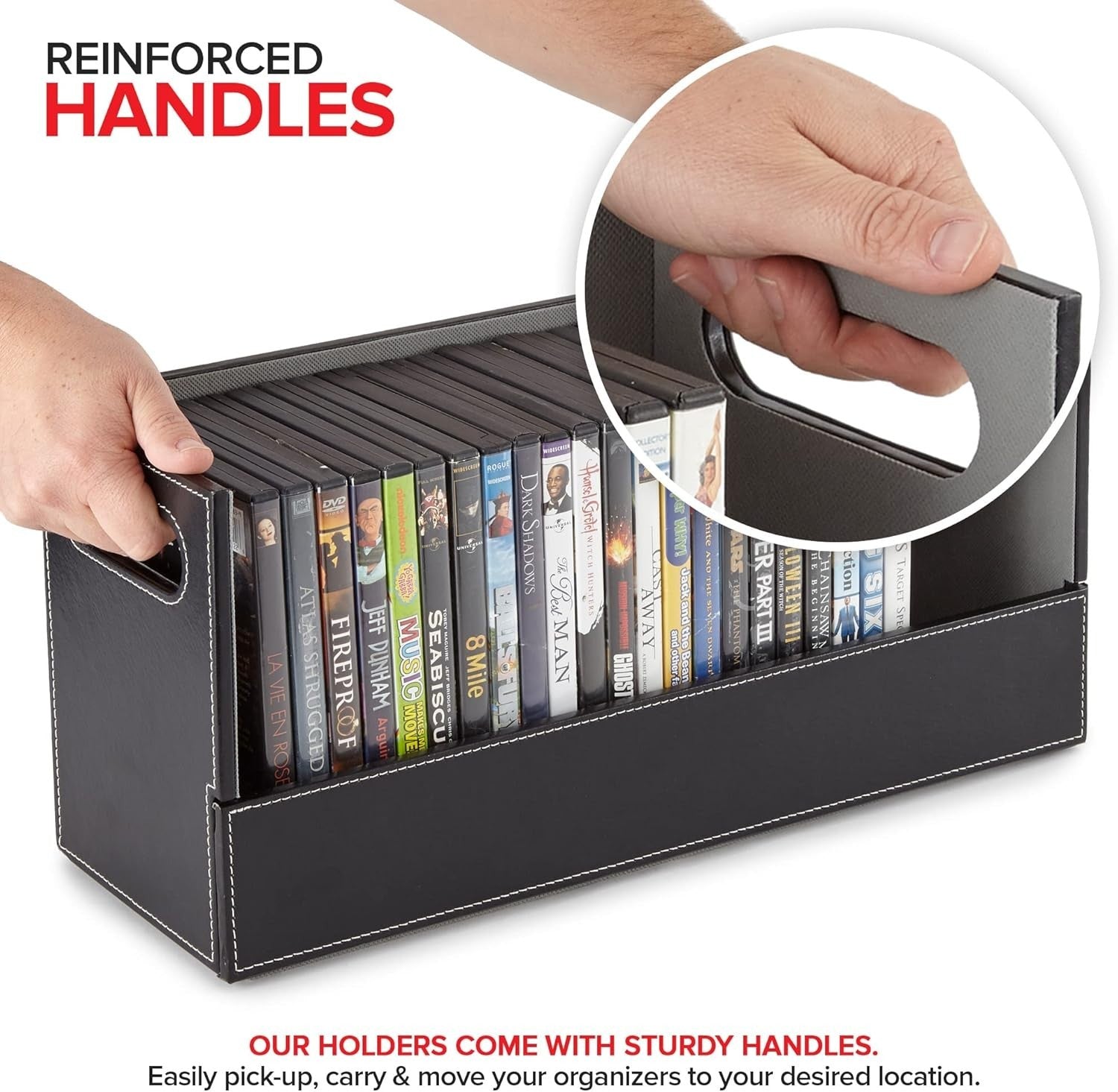 DVD Storage Box Organizer Holds 28 Cases Faux Leather Stackable