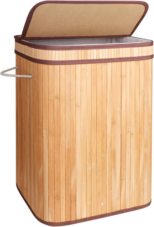 Large Bamboo Laundry Hamper with Lid | Foldable Clothes Basket & Removable Liner