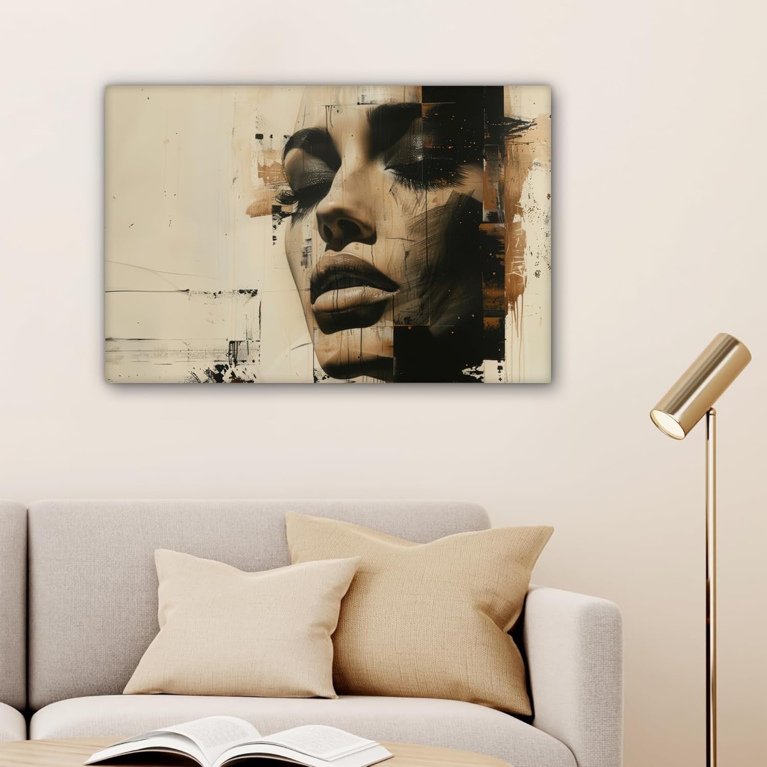 Large Abstract Canvas Wall Art Beige Woman Portrait Modern Living Room Decor