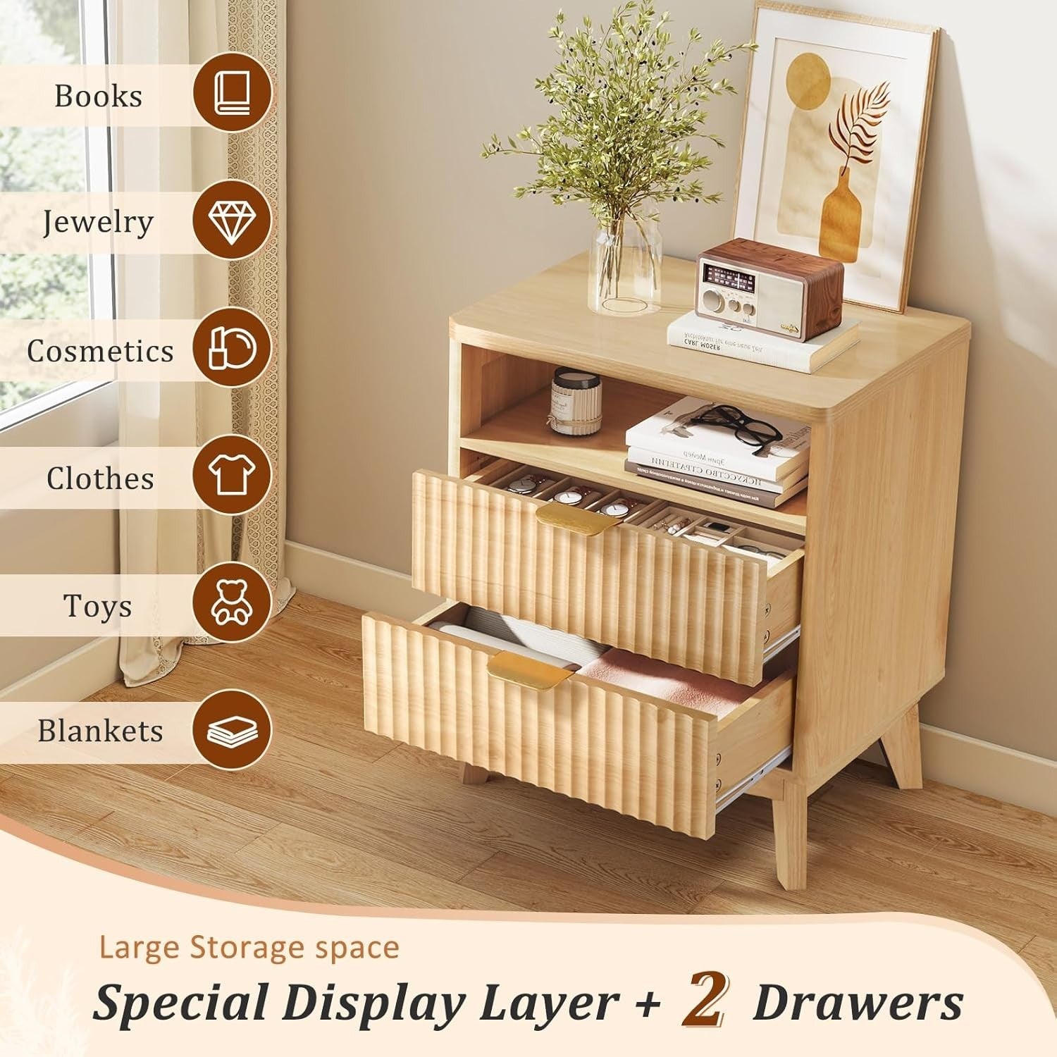 Natural Wood Bedside Table with 2 Drawers & Open Shelf