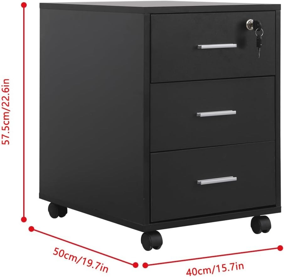 Black Locking Rolling Desk Pedestal 3 Drawer Under Desk File Cabinet