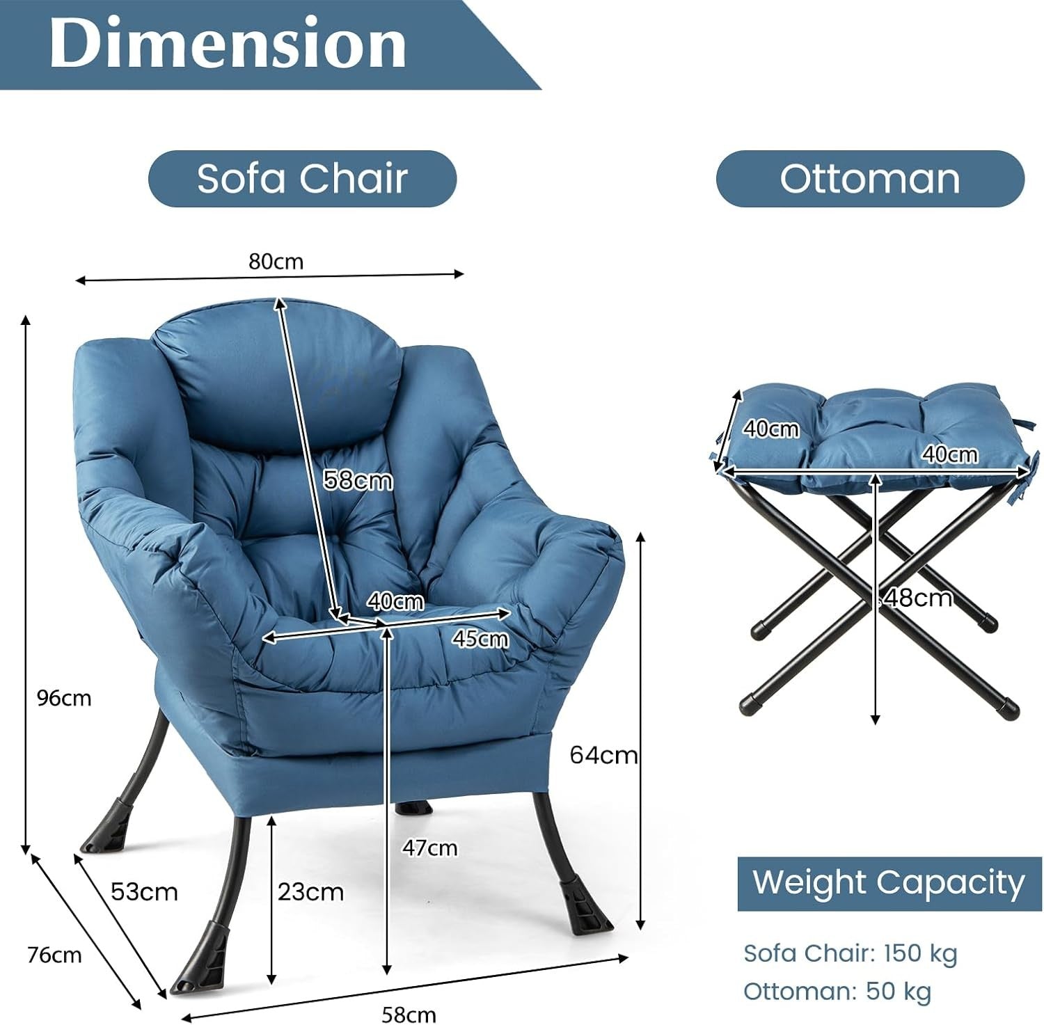 Fabric Lounge Armchair with Footstool Comfy Reading Chair Navy